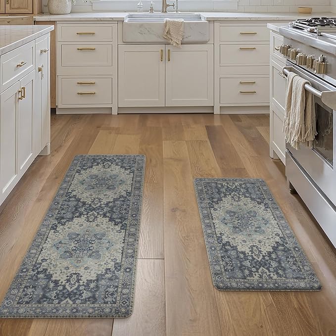 GENIMO Kitchen Mats for Floor 2PCs, Washable Anti Fatigue Mat for Cushioned, 17.3"x47"+17.3"x30", Waterproof Kitchen Rugs, Non Slip Comfort Standing Mat Rug for Home, Sink, Laundry, Center Blue