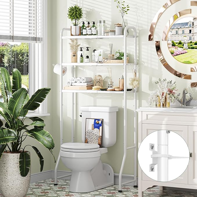 Simple Trending Expandable Over The Toilet Storage Rack, Metal 3 Tier Bathroom Organizer Shelf with Paper Holder and 3 Hooks, White