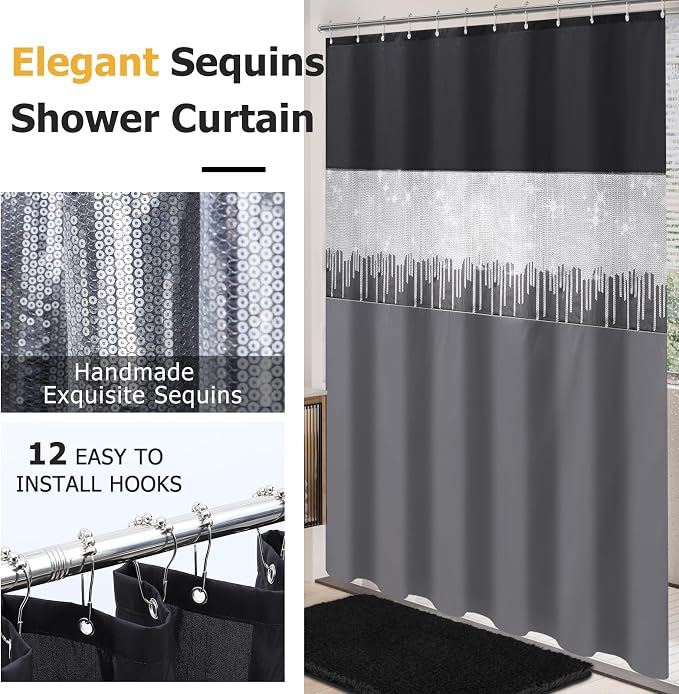 XLHOMO Bathroom Sets with Shower Curtain and Rugs,24PCS Black Bathroom Set Shower Curtain Set with Bathroom Trash Can Bathroom Accessories
