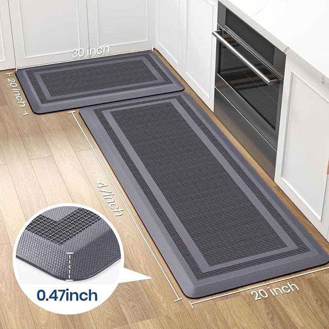 KitchenClouds [2 PCS] Kitchen Rugs Cushioned Anti-Fatigue Kitchen Mats for Floor Waterproof Kitchen Rug Set Non-Slip Comfort Standing Mat for Office, Sink, Laundry 20"×30"+20"×47", Grey