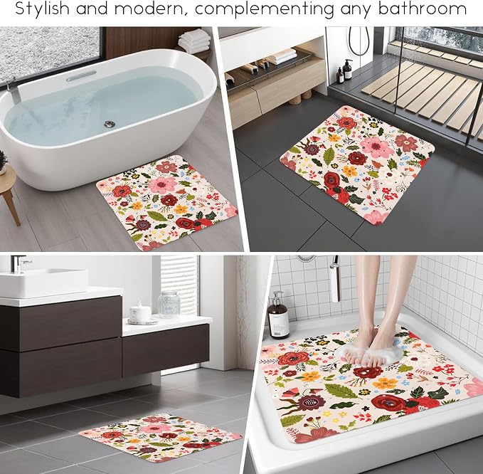 Bathtub Mat Non Slip, Flower Square Bath tub Mat Shower Floor Mat with Suction Cups for Adults Kids Elderly 21 X 21 Inch