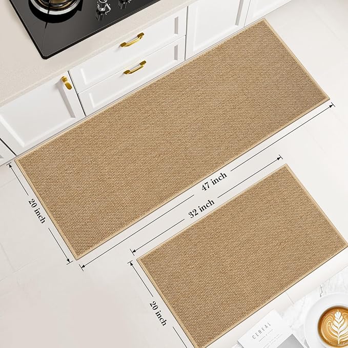 Kitchen Rugs and Mats, Non Slip Washable Set of 2 PCS, Absorbent Kitchen Mats for Floor, Kitchen Runner Rug, Rubber Backing, for Kitchen Decor, Front of Sink(Khaki, 20’’x 32’’+ 20’’x 47’’)