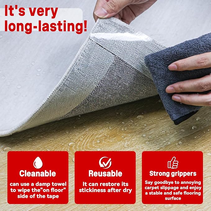 Rug Non Slip Grippers, 8Pcs Carpet Tape Reusable, No Residue on Hardwood Floors, Strong Hold Rug Stickers for Area Rugs, Keep Corners Flat, 2x8 Inch