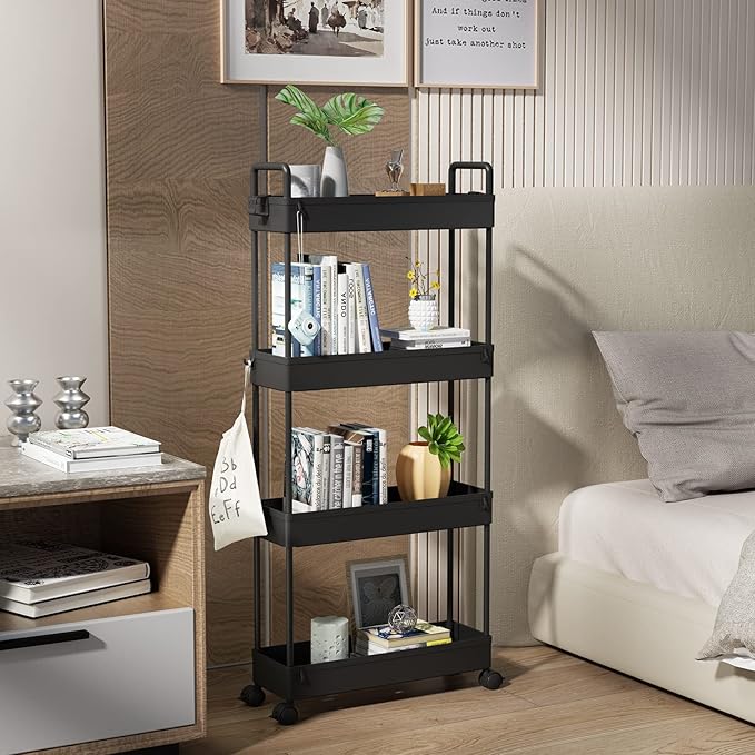 SOLEJAZZ Slim Rolling Storage Cart with Wheels 4 Tier Skinny Bathroom Storage Organizer Narrow Shelf Unit Thin Laundry Room Utility Cart for Bedside Kitchen Office Next to Fridge Small Places, Black
