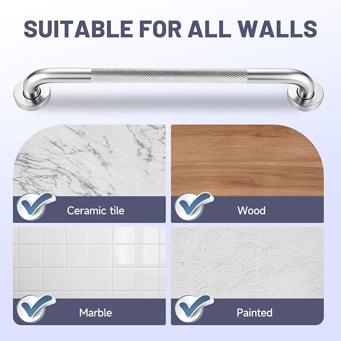 24 Inch Shower Grab Bar, Brushed Nickel Anti Slip Safety Bars, 304 Stainless Steel Bathroom Handrail, Handicap Grab Bars for Wall, Shower Grip Handle for Seniors Elderly Injury Assist Bath (1.25" Dia)