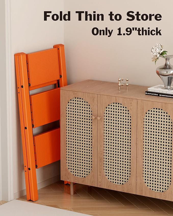 3 Step Ladder, Aluminum Lightweight Folding 3 Step Stool with Anti-Slip Wide Pedal, 330lbs Capacity Ladder for Household,Library,Office(Hermes Orange)