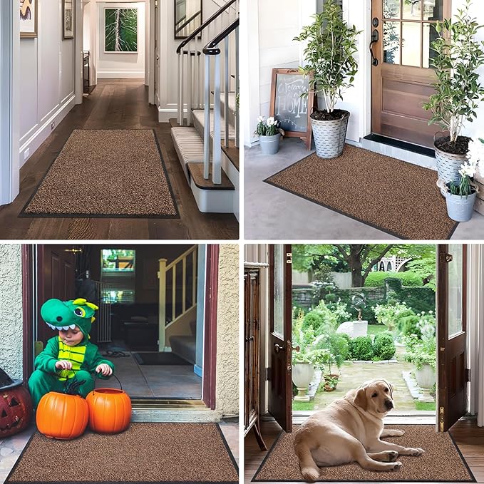 Mibao Front Door Mat Indoor Entrance, 60" x 36", Dirt Trapper Welcome Mat for Outdoor Indoor, Non-Slip Waterproof Doormat, Durable Machine Washable Low Profile Entry Rug for Back Door Outside,Brown