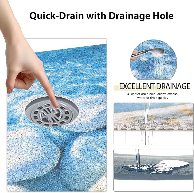 Square Shower Mat, Yonala 27 x 27 Inch Stylish Non Slip Shower Mats for Inside Shower with Central Drain Hole, Soft Trimmable PVC Loofah Anti Slip Shower Mat for Walk in Shower Stall, Quick Drying