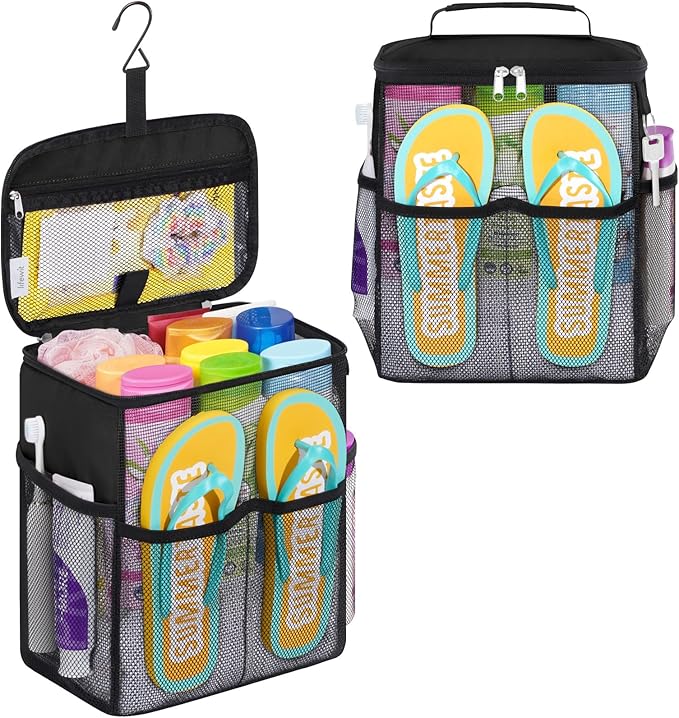 Lifewit Shower Caddy Portable, Toiletry Bag with Handle and 3 Mesh Pockets, Quick Dry Hanging Organizer for Bathroom, Gym, Travel, Camping, College Dorm Room Essentials for Women Men, Black