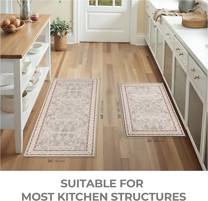 GRANNY SAYS Boho Kitchen Rug Sets of 2, Non Slip Washable Faux Wool Kitchen Mats for Floor, Thick Soft Anti-Fatigue Comfort Standing Mat Runner Rugs for Hallway Laundry Room, Boho Red
