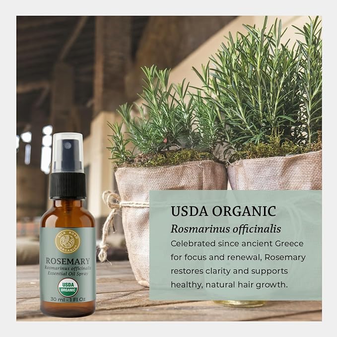Silk Road Organic Rosemary Essential Oil & Jojoba Spray for Hair Growth & Health, Memory & Focus | USDA Certified 1 oz. Body Spray - Always Pure, Always Organic