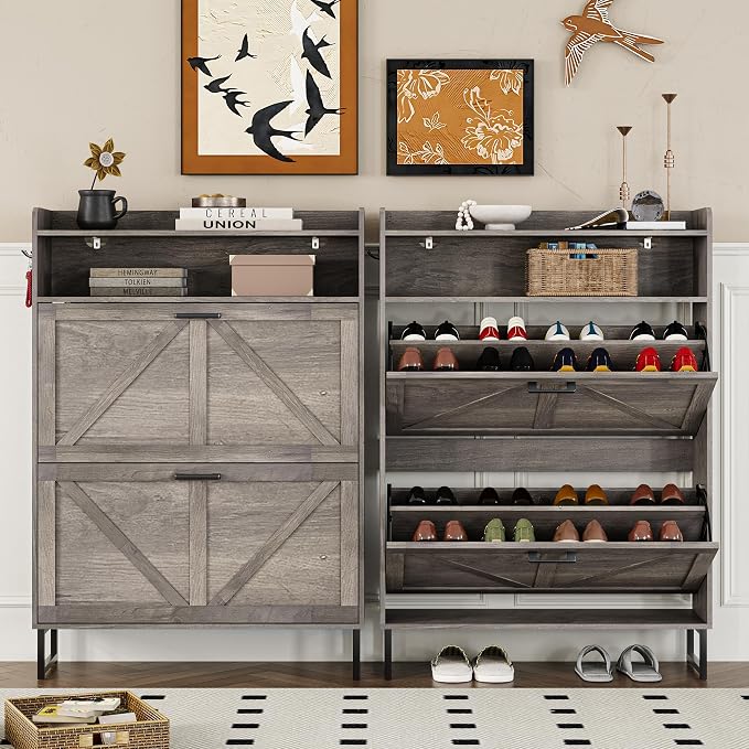 BORNOON Shoe Cabinet with 2 Flip Drawers Narrow Shoe Storage Organizer Wooden Freestanding Rack Hidden Slim Shoes Storage Cabinet for Entryway, Hallway, Living Room, Bedroom (Grey)