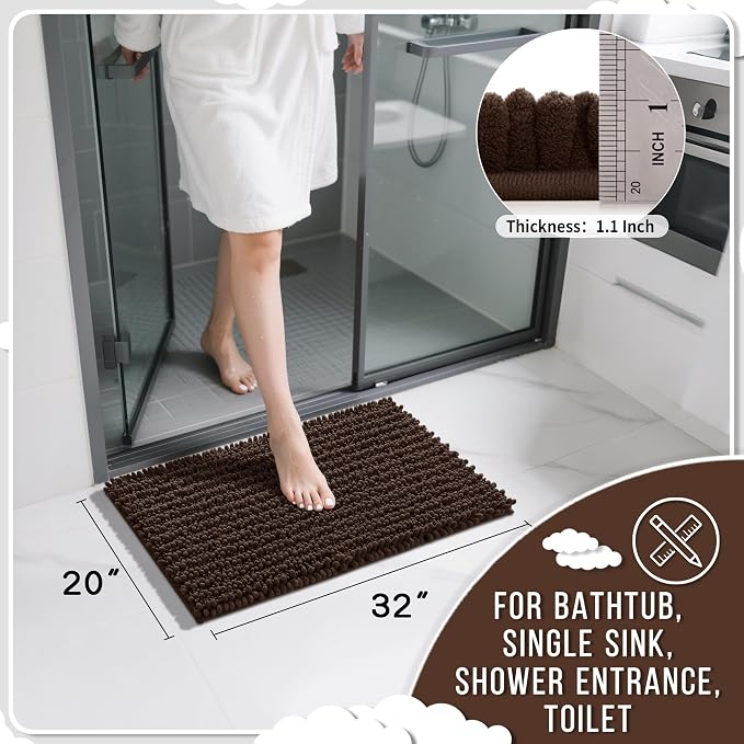 Yimobra Bathroom Rugs Non Slip Washable 32x20 Inch - Ultra Soft Absorbent Chenille Bath Mat, Quick Dry Shaggy Floor Carpet for Tub Shower, Brown Home Decor Accessories