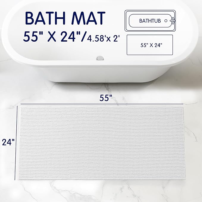 SUBRTEX Bathroom Rugs, 24" x 55" Chenille Bath Rug Soft Short Plush Bath Mat Soft Shower Mat Water Absorbent Shower Mat Quick Dry Machine Washable, White