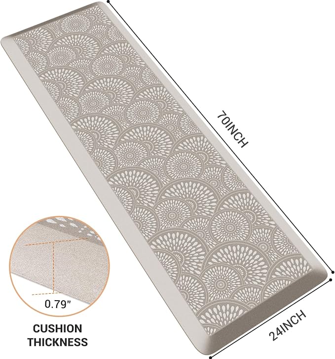 Mattitude 4/5 Inch Kitchen Mat, 24x70in Heavy Duty Ergonomic Comfort Foam Standing Desk Mat, Waterproof Non-Slip Standing Mats and Rugs for Kitchen, Office, Khaki