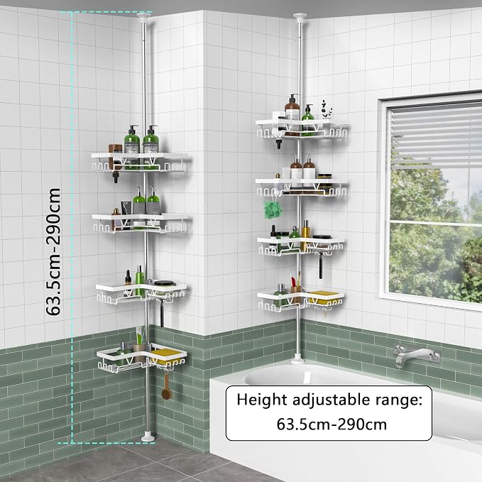 KEGII Corner Shower Caddy Tension Pole - 4-Tier Rustproof Bathroom Organizer, Floor to Ceiling Shower Caddy 25-114.2 inch, No Drilling Shower Storage Rack for Shampoo, Towels (Matte White) | Rustproof