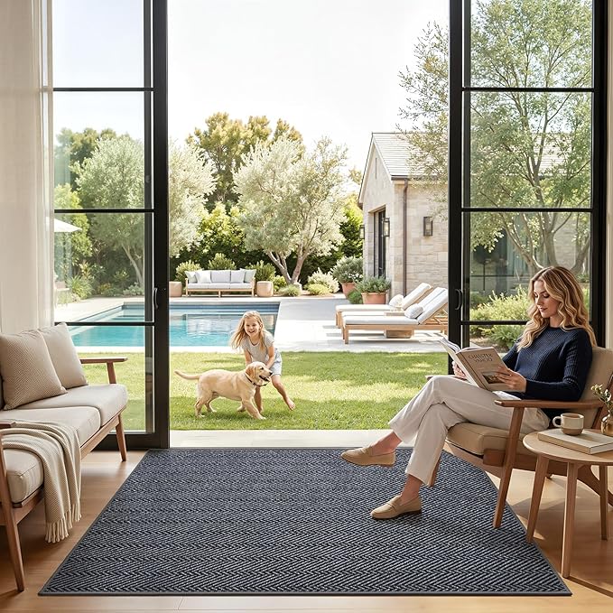 LUMI Ultra Thin Indoor Door Mat for Entrance 48"x72", Non Slip Entryway Mat, Low Profile Doormat, Unique Herringbone Design Carpet for Inside, Patio, Porch, Navy Gray