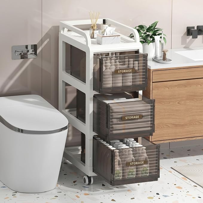 Bathroom Storage with Drawers, 11.8" Wide Wide Slim Storage Cabinet with Wheels for Small Spaces, Narraw Cart for Kitchen Office Bedroom Dinning Room Under Desk, 29.7" Tall