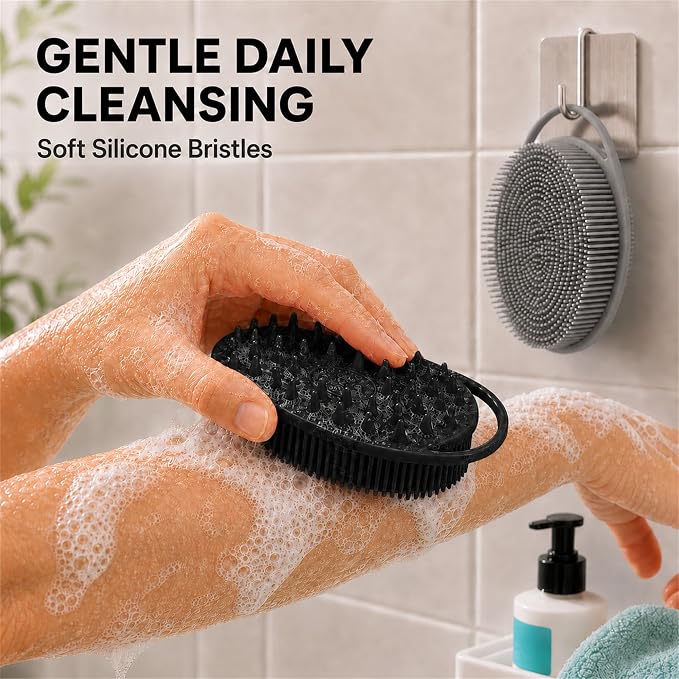 2 Pack Silicone Body Scrubber, Loofah Double-Sided Body Brush,Shower Scrubber and Scalp Massager Shampoo Brush for Sensitive Kids Women Men All Kinds of Skin (Black & Gray)