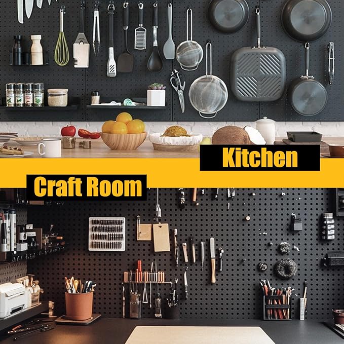 Spampur Peg Board, 8 Pack Metal Pegboard Panels with 50 Hooks, Black Pegboards Wall Organizer, Heavy Duty Peg Board for Walls Home, Garage Tool Storage, Office Organization, Craft Room, Kitchen