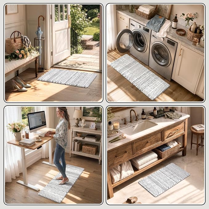 KIMODE Kitchen Mats 2PCS,Cushioned Anti Fatigue Kitchen Rugs and Mats,Non Skid Waterproof Kitchen Mats for Floor,Comfort Foam Standing Mat for Home Decor, Office,Sink,Laundry Room,Desk,Black and White