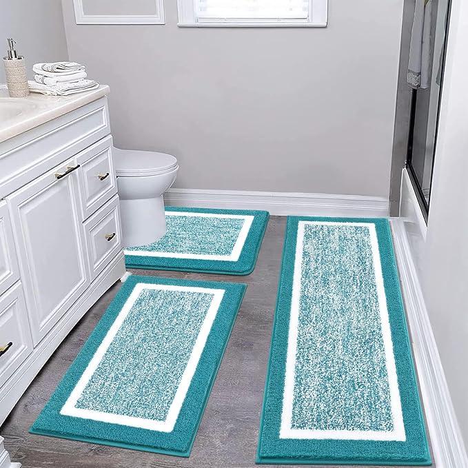 Pauwer Bathroom Rug Sets - 3 Piece Shower Rugs with U-Shaped Contour Toilet Mat, Absorbent Microfiber Plush Bath Mats, Non Slip, Machine Washable Shaggy Bathroom Floor Mats, Aqua Blue