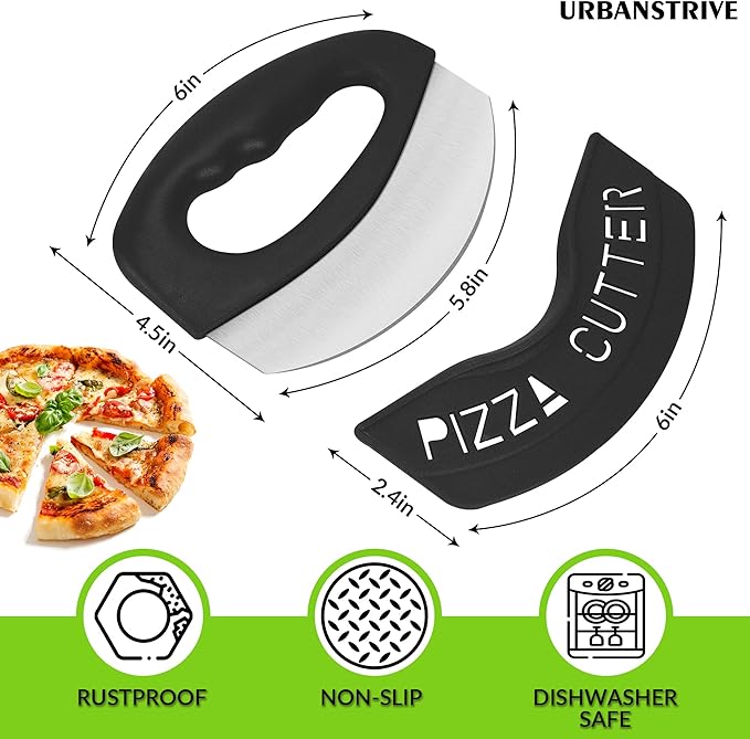 Urbanstrive Heavy Duty Stainless Steel Pizza Cutter with Cover, Super Sharp Blade Pizza Knife Pizza Cutter Rocker, Perfect Kitchen Gadgets for Pizza Cutting Home Essentials (Black)