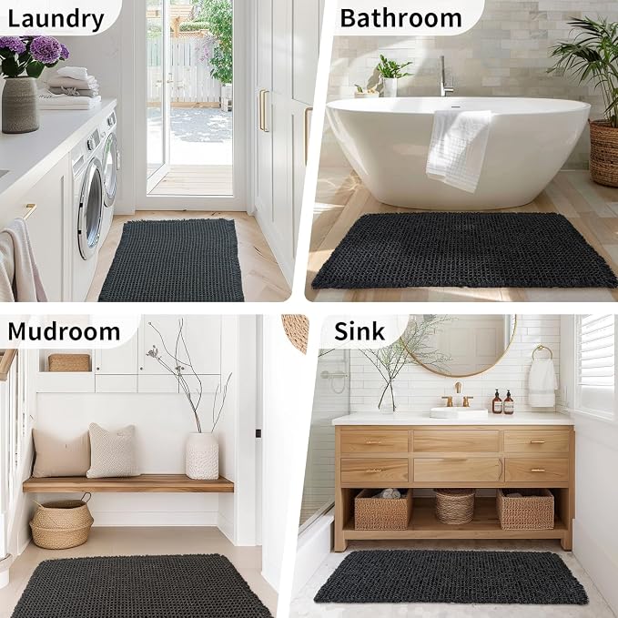 Black Long Bathroom Rug - Waffle Runner Bath Mat Non Slip Washable, Super Absorbent & Quick Dry, Boho Bath Mat Farmhouse Bathroom Decor, 24'' x 72'', Black