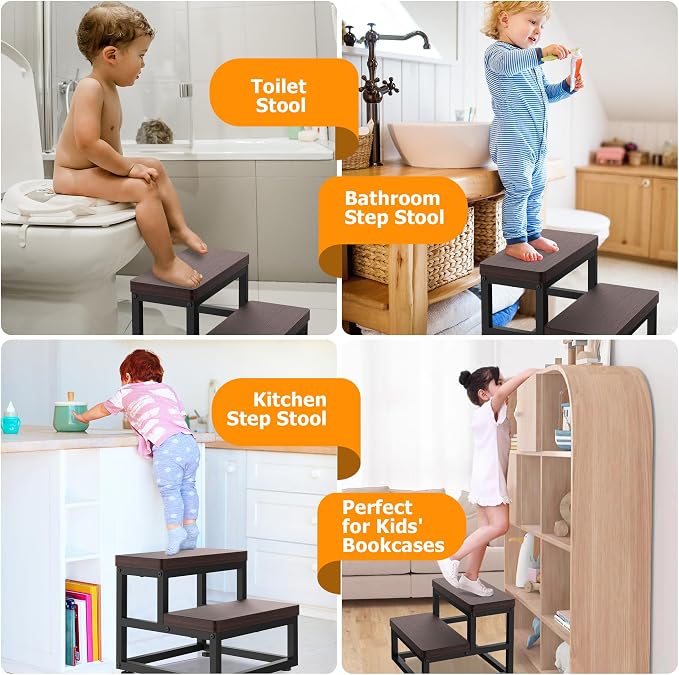 Step Stools for Adults Kids, Heavy Duty Stepping Stool Wooden Bed Step Stools for High Beds, Non-Slip 2 Bedside Foot Stool with 500 Lb Capacity for Bedroom Kitchen Bathroom Outside,Easy Assembly,Teak