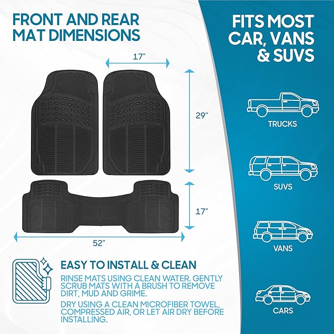 BDK ProLiner Car Floor Mats for Cars Trucks SUV, 3-Piece All-Weather Heavy Duty Rubber Liners with Universal Trimmable Fit, Durable Waterproof Vehicle Auto Floor Mats with Capture Ridges Black