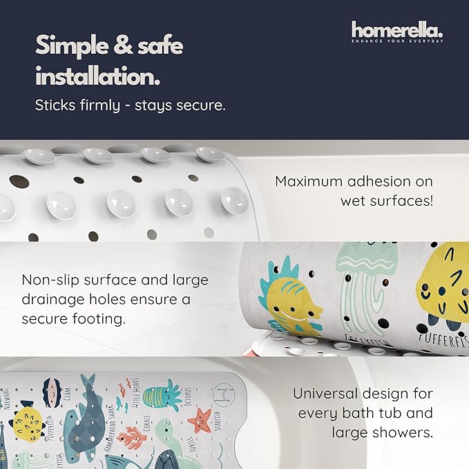 Bath Tub Mat Non Slip Anti Mold for Kids BPA Free INCL Hooks - homerella® Ocean Sea Animals 40x16, Baby Bath Mat Non Slip 200 Suction Cups, Non Toxic Machine Washable Toddler Bath Mat, EU Certified