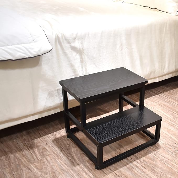 SZLHANJZ Step Stool, Bedside Steps for High Beds with Round Corners, 2 Steps Footstool for Adults, Metal and Wood Stepping Stool for Kitchen Bedroom, Load 500 LB, Black