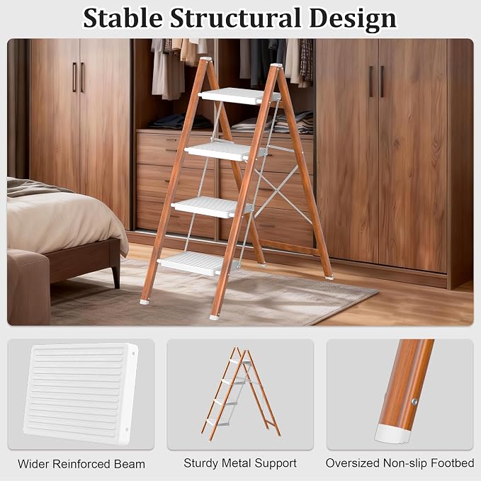 DIAMONDFORGE 4 Step Ladder, Lightweight Folding Step with Wide Anti-Slip Pedal & Feet, 330 lbs Capacity,Sturdy Steel Step Ladder for Home,Office and Library,Light Woodgrain