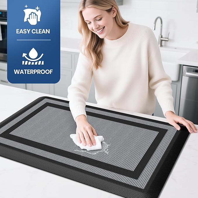 KitchenClouds [2 PCS] Kitchen Rugs Cushioned Anti-Fatigue Kitchen Mats for Floor Waterproof Kitchen Rug Set Non-Slip Comfort Standing Mat for Office, Sink, Laundry 17.3"×28"+17.3"×60",Black