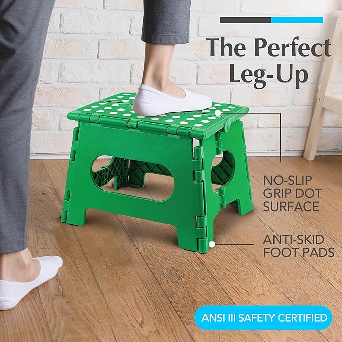 Handy Laundry Folding Lightweight Step Stool - Sturdy Enough to Support Adults - Opens Easy with One Flip - Great for Kitchen, Bathroom or Bedroom (Green | 2-Pack)