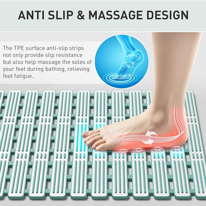 XIYUNTE Shower Mat Non Slip Bath Mat for Tub - 36 x 16 Inch Bathtub Mat Non Slip Shower Mats for Inside Shower, TPE Bath Mat with Suction Cups and Drain Holes, Easy to Cut, Green
