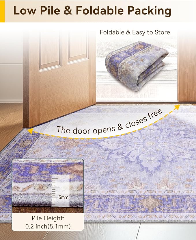 RELEANY Area Rugs 8'x10' Washable Non-Slip, Floral Vintage Distress Medallion Carpet for Living Room Bedroom Dining Room, Light Purple Brown