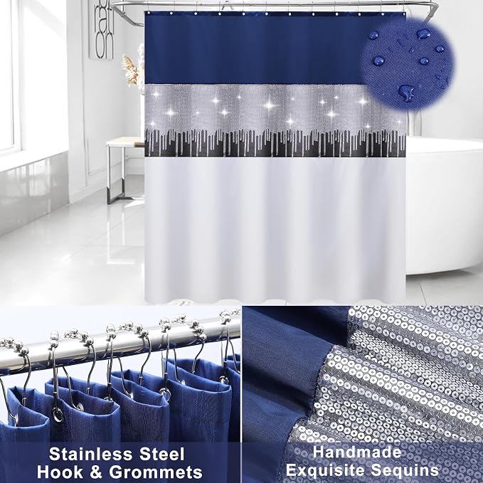 Bathroom Accessories Set with Sequin Shower Curtain, Navy Blue Bathroom Set with Trash Can,Towel Set,Shower Curtain Set