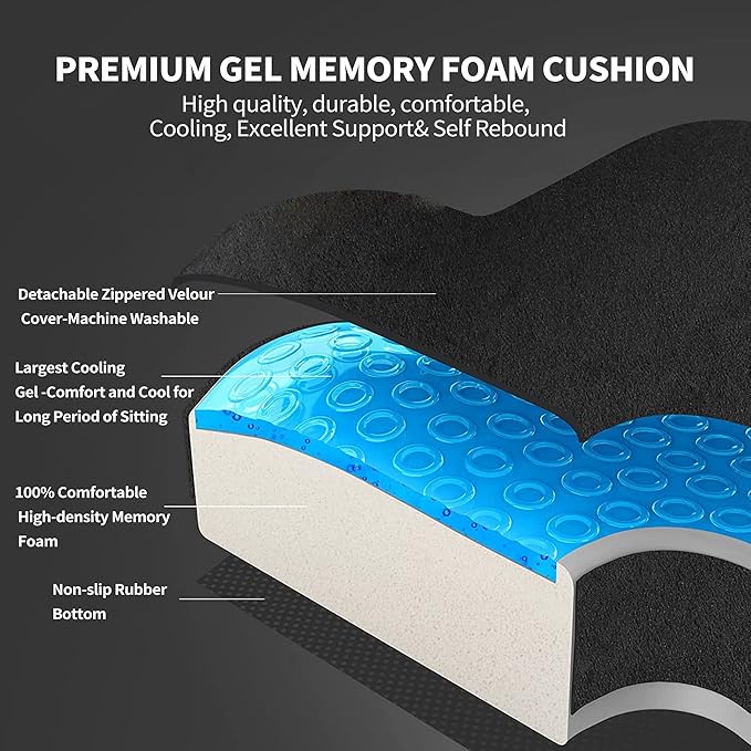 Gel Seat Cushion for Long Sitting - Memory Foam Chair Pillow for Sciatica Pain Relief - Orthopedic Gel & Memory Foam Coccyx Ppad for Tailbone Sick - Office Chair Cushion for Back Pain Grey