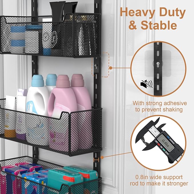VyGrow Over The Door Organizer, 8-tier Metal Door Organizer Hanging with Adjustable Baskets, Behind The Door Storage for Bedroom Closet Bathroom Pantry Cabinet Kitchen, Black