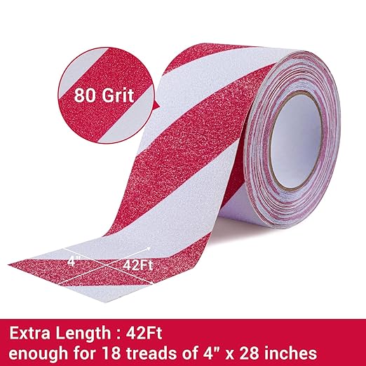 Anti Slip Tape, 4 Inch x 42 Ft Grip Tape for Stairs Outdoor/Indoor, Waterproof Non Skid Roll for Stair Treads Non Slip, High Traction Friction Abrasive Adhesive Stair Steps, Caution Red/White