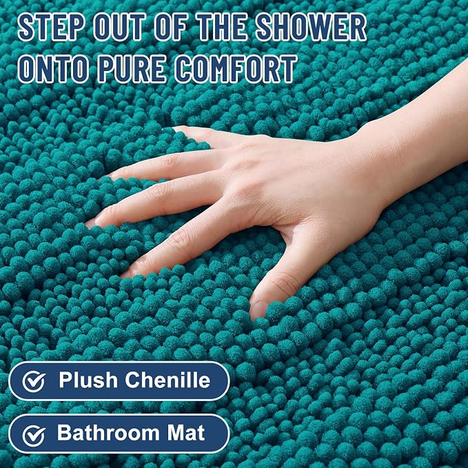 Grandaily Chenille Striped Bathroom Rugs 44x24, Extra Thick and Soft Absorbent Bath Mats, Rubber Backing, Plush Shaggy Shower Carpet, Machine Wash Dry, Bath Rug for Bathroom, Deep Lake
