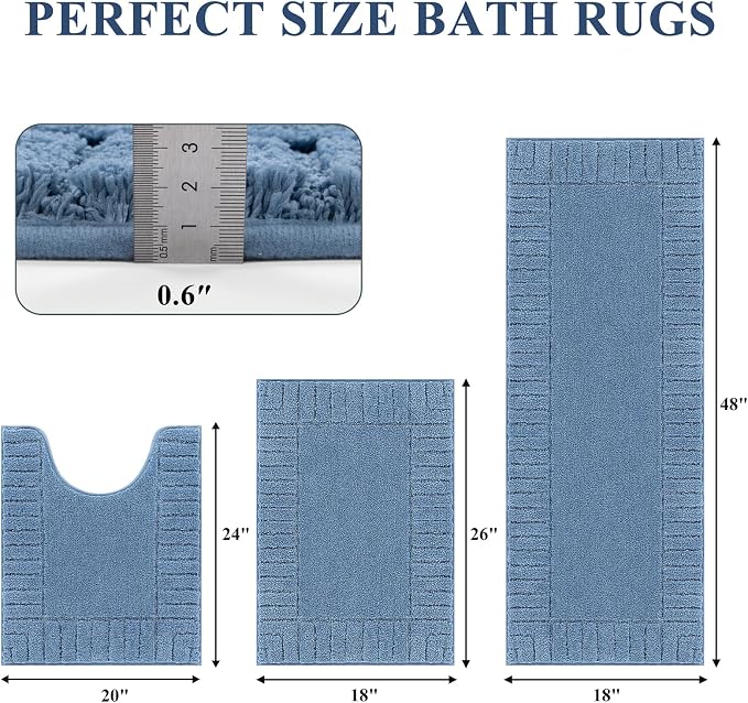 Pauwer Bathroom Rugs Sets 3 Piece Bathroom Shower Rugs with U-Shaped Contour Toilet Mat Absorbent Microfiber Plush Bath Mats Non Slip Bath Rugs Machine Washable Shaggy Bath Mat Set, Blue
