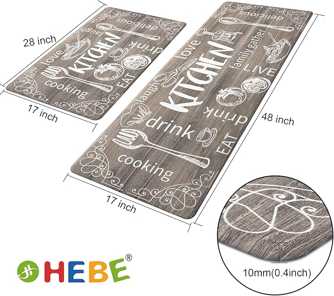 HEBE Kitchen Rugs Set of 2, Cushioned Anti Fatigue Kitchen Mats for Floor, Non Slip Waterproof Comfort Standing Desk Mat Carpet for Sink, Stove, Laundry Room, Brown