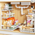 PXRACK Under Sink Organizer, 2-Pack 3-Tier Height Adjustable Thickened Metal Pull out Cabinet Organizer Shelf, Slide out Storage Drawer Rack for Bathroom Kitchen Pantry Home Organization, White