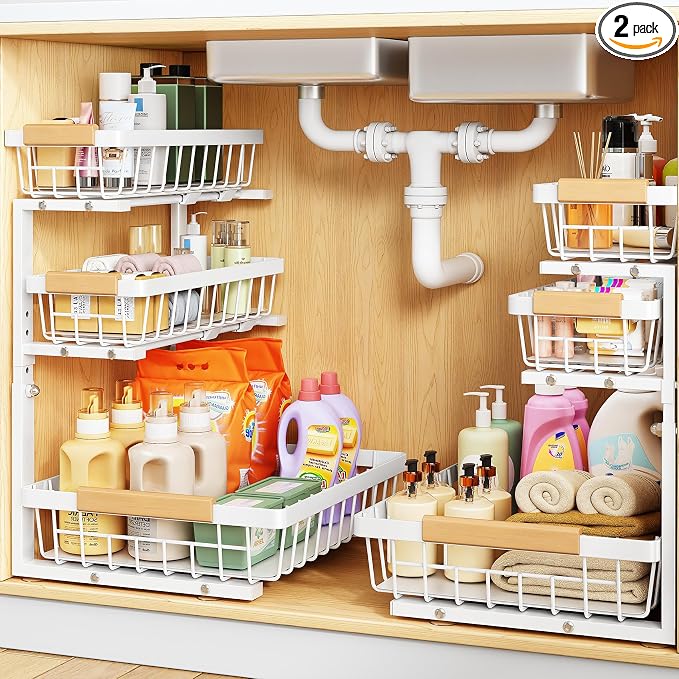 PXRACK Under Sink Organizer, 2-Pack 3-Tier Height Adjustable Thickened Metal Pull out Cabinet Organizer Shelf, Slide out Storage Drawer Rack for Bathroom Kitchen Pantry Home Organization, White