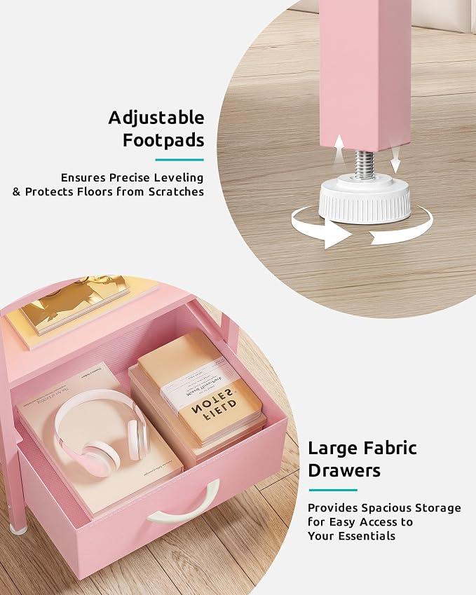 Lazzanto Night Stand Bedside Charger Bedroom - Nightstand with Charging Station & LED Light Strip, Night Stand with Storage Shelf & 4 Fabric Drawers, Morden End Table with USB Ports&AC Outlets,Pink