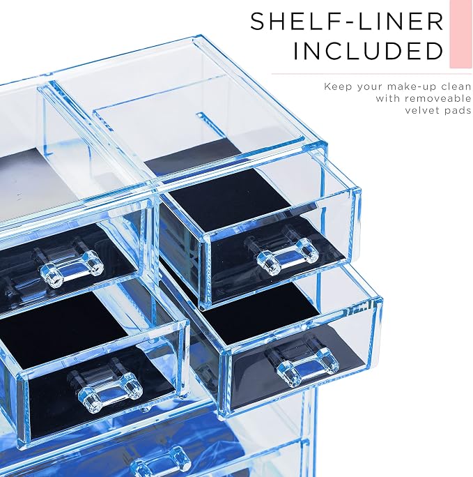 Sorbus Acrylic Makeup Organizer Set, 7-Drawer Vanity & Countertop Cosmetic Storage with Small & Wide Compartments, Blue Brilliance Makeup Storage for Brushes, Jewelry – Holiday Gift for Women & Teens