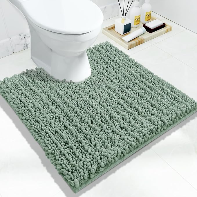Yimobra Toilet Rug U Shaped Washable 24x24 Inch - Ultra Soft Absorbent Chenille Bath Rugs for Toilet, Quick Dry & Machine Washable, Non Slip Contour Bathroom Mat, Green