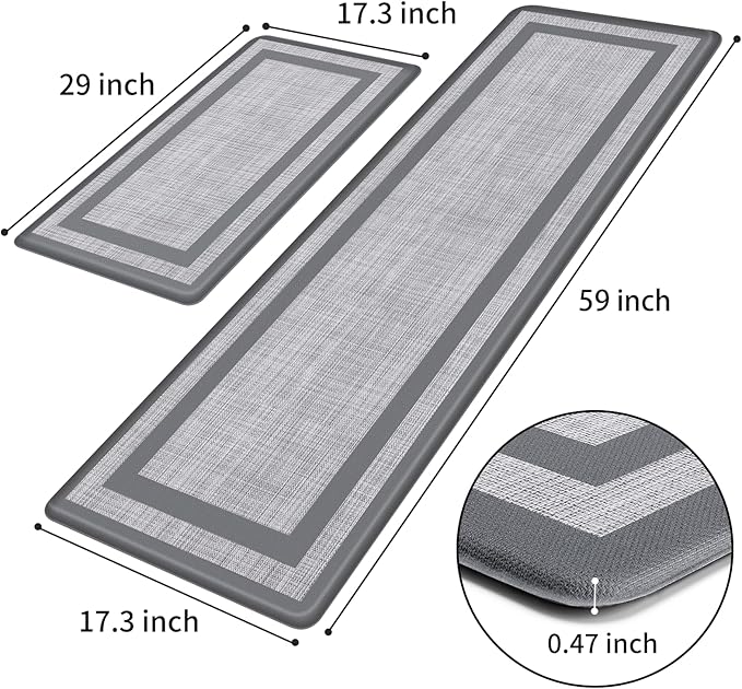 Mattitude Kitchen Mats Set of 2 Cushioned Rugs 0.47 inch Thick Anti-Fatigue Mats for Kitchen Floor,Waterproof Non-Slip Mats and Rugs Set for Office,Floor,Laundry 17.3"×29"+17.3"×59",Grey